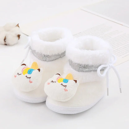 Baywell Cute Cartoon Animal Newborn Baby Boots Winter Plush Snow Booties for Boy Girl Soft Soled Comfortable Warming Shoes