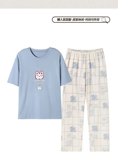 New Pajama Cartoon Cotton Pajamas for Women Summer Short Sleeved Long Pants Sleepwear Korean Fashion Rabbit Print Home Clothing