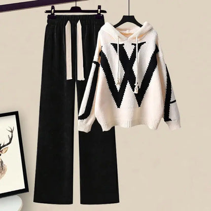 Autumn/Winter Women's Set 2026 New Korean Edition Casual Sweater Waist Cinching and Slimming Wide Leg Pants Two-piece Set