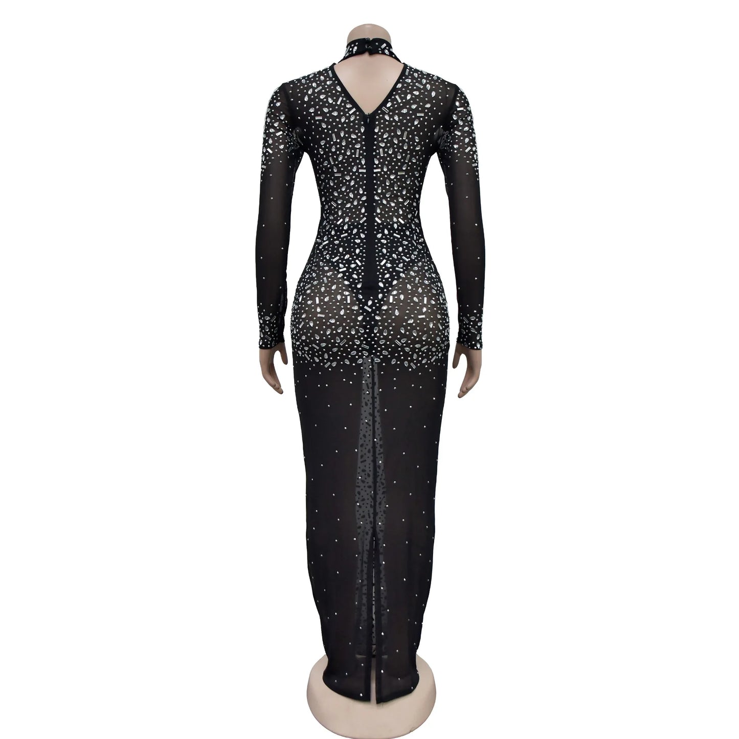 Women Sexy See Through Sheer Mesh Rhinestone Décor Long Sleeve Maxi Party Dress