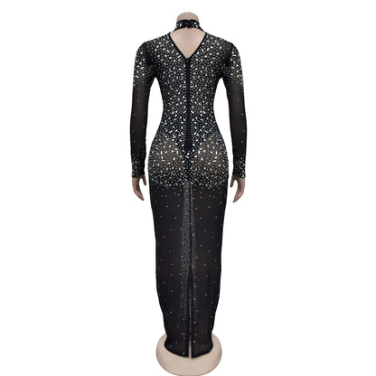Women Sexy See Through Sheer Mesh Rhinestone Décor Long Sleeve Maxi Party Dress