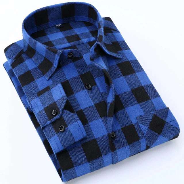 Men's Slim-fit Casual Brushed Flannel Contrast Plaid Shirt Single Patch Chest Pocket Comfortable Soft Long Sleeve Gingham Shirts