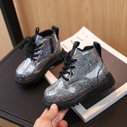 New Children's Autumn Boots Glossy Girls Causal Leather Boots Fashion Versatile Kids Princess Ankle Short Boots Round-toe Zipper