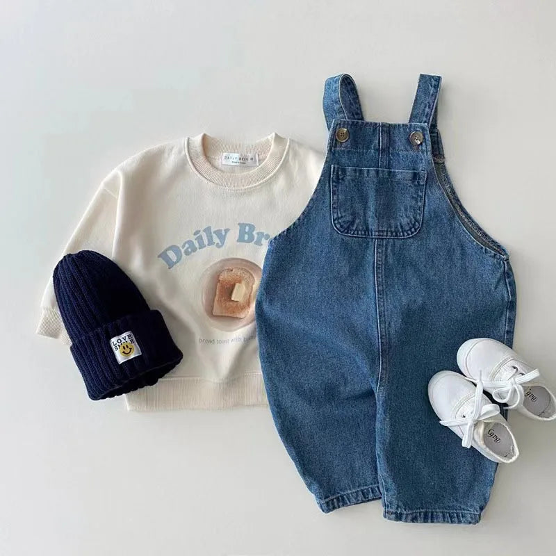 New Autumn Baby Boy Solid Casual Overalls Girls Children Floral Suspenders Jumpsuit Kid Loose Cotton Denim Pants Infant Trouser