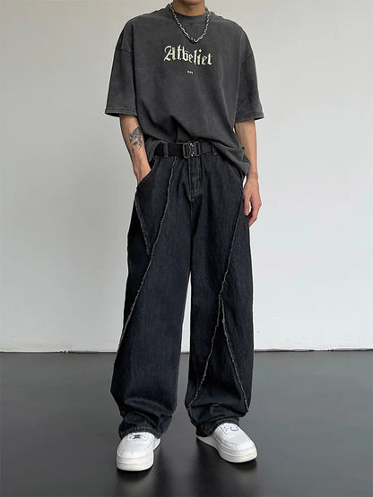 2025 Men HipHop Distressed Jeans Pants Men Ripped Patchwork Denim Pants Male Oversized Loose Casual Streetwear Wide Leg Trousers