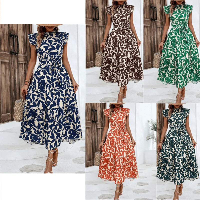 Elegant Women's Flower Midi Dress New Summer Fashion Stand Collar Flying Sleeve Lace Up Dress Casual Beach Holiday Dresses Robe