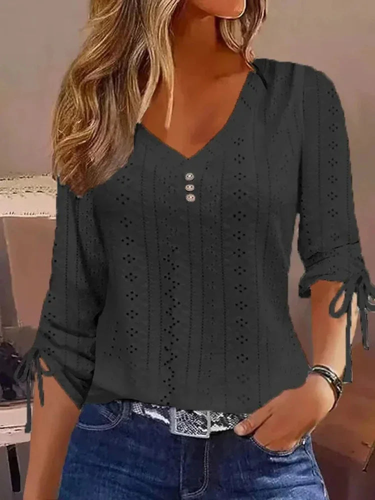 Women Long Sleeve Blouse 2026 Women's Fashion Trends Casual Button V-Neck shirts & blouses Elegant Female Hollow Out Bow Tops
