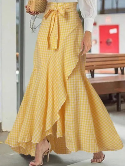 Spring Autumn Women Long Skirt High Waist Lace-up Ruffle Trim Plaid Print Bow Tie Irregular Hem Maxi Skirt Female 2026 New