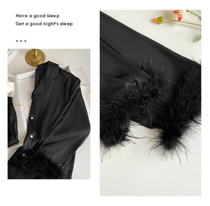 Spring Autumn Female Pajamas Trouser Set Luxury Feather Pink Bride Wedding Sleep wear Gift Sexy Loose Satin Home Wear Lounge wear