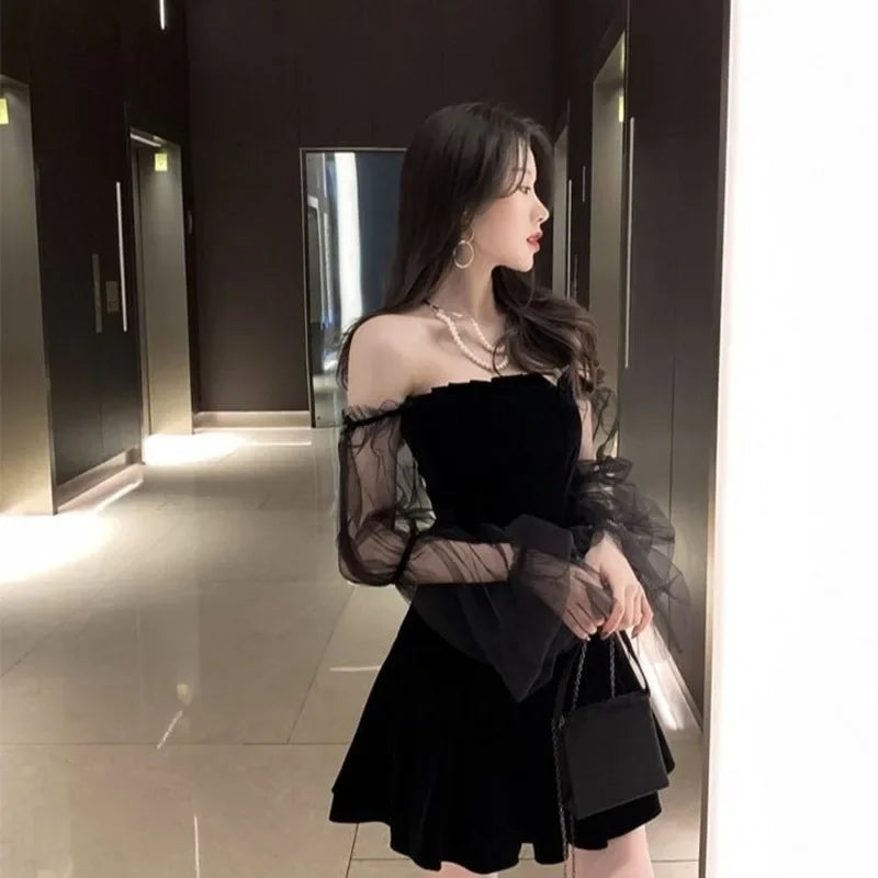 New 2026 Black Retro Dress Women Lace Chiffon Mini Dress Female High Street Sexy Korean Fashion Dress Women Club Dress