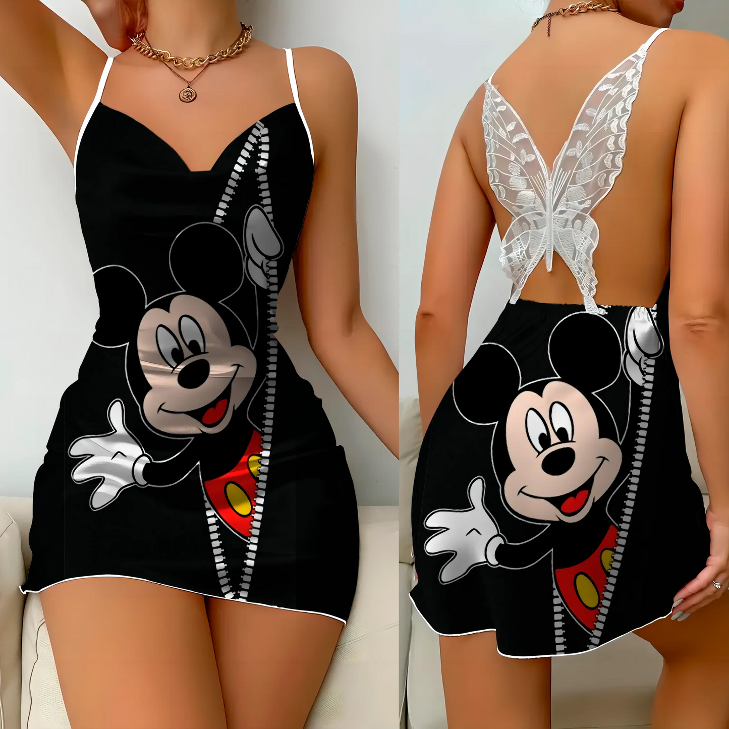 Mini Dress Pajama Skirt Bow Knot Party Dresses Satin Surface Minnie Mouse Disney Mickey Women's Fashion Summer 2025 Elegant Women
