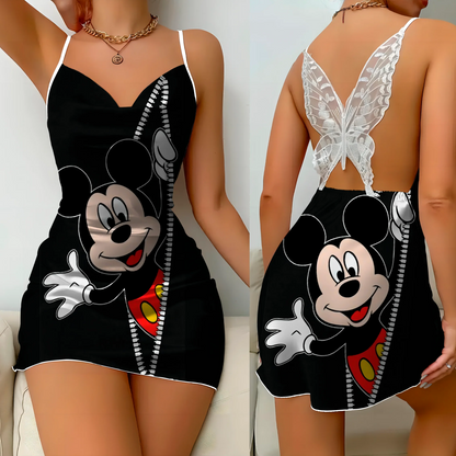 Mini Dress Pajama Skirt Bow Knot Party Dresses Satin Surface Minnie Mouse Disney Mickey Women's Fashion Summer 2025 Elegant Women