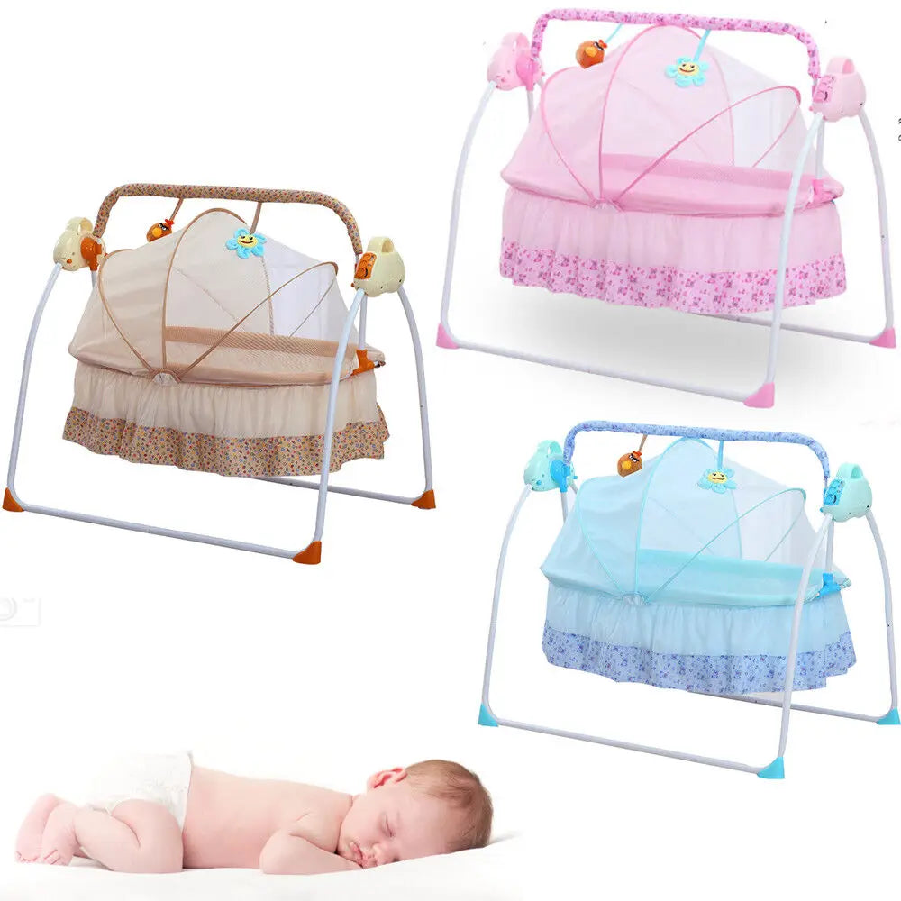 Electric Baby Cradle Auto Swing Rocker Cot Infant Sleeping Bed Swing Crib Kit Timer +Bluetooth Music +Mat +Pillow 5Gears Adjustable