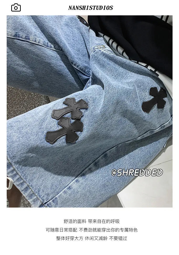 American cross-print denim shorts men's summer thin Hong Kong style loose trousers trendy brand retro casual mid-pants y2k tops