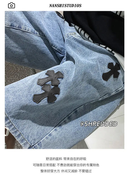 American cross-print denim shorts men's summer thin Hong Kong style loose trousers trendy brand retro casual mid-pants y2k tops