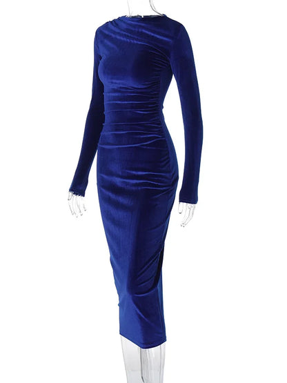 BWQ 2026 Spring Summer Velvet Long Sleeve Midi Dress For Women Ruched Long Dress Elegant Party Clothes Evening Green Outfits