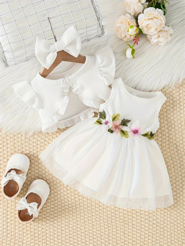 Newborn 2026 Baby Girls Dress Summer Waist Flower Vest Sleeveless Short Top Sweet Girl Lace Mesh Dress