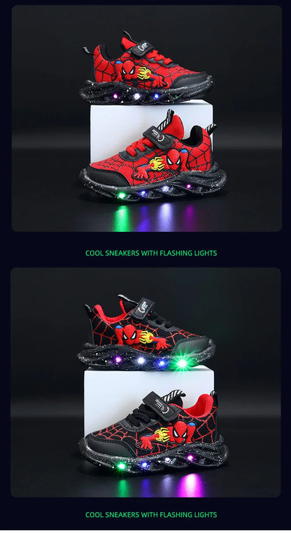 LED Casual Sneakers Red Black For Spring Boys Cartoon Mesh Outdoor Shoes Children Lighted Non-slip Shoes Size 21-30