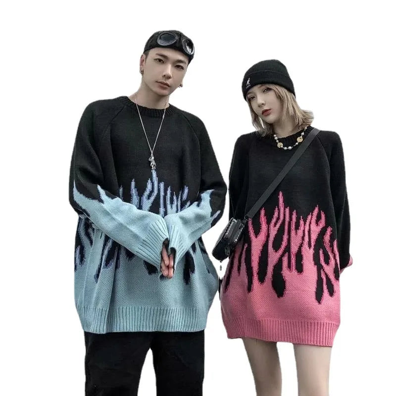 Hip Hop Mens Streetwear Harajuku Knitted Sweater Blue Fire Flame 2026 Autumn Sweater Pullover Loose HipHop Retro Vintage