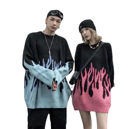 Hip Hop Mens Streetwear Harajuku Knitted Sweater Blue Fire Flame 2026 Autumn Sweater Pullover Loose HipHop Retro Vintage