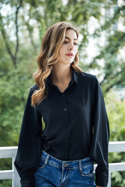 Lantern Sleeves Vintage Shirts Women Elegant White Women's Blouse with Lush Sleeves 2026 Fashion Button Up Shirt Black dropship