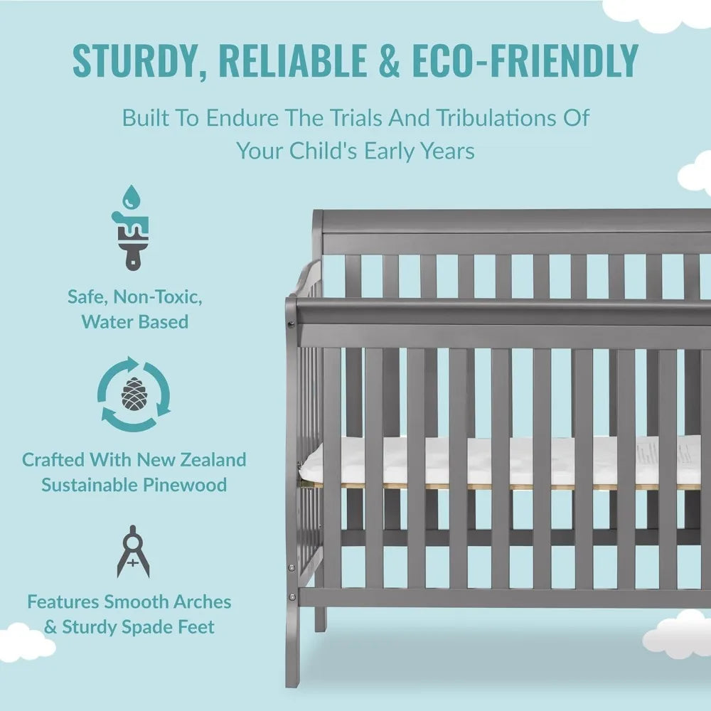 4-in-1 Mini Convertible Crib And Changer in Storm Grey, Greengard Gold Certified, Non-Toxic Finish