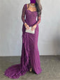 2026 Women's Ruffled Lace Evening Dress Solid Color Square Neck Long Sleeve Skinny Maxi Dress Wrap Hip Party Gowns
