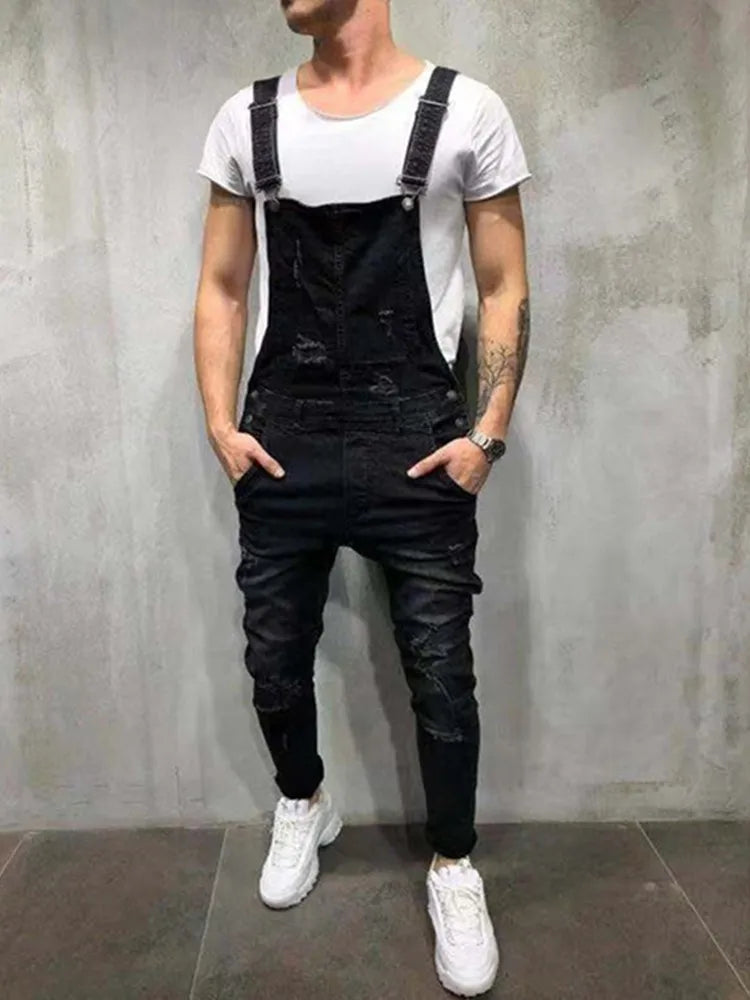 New Fashion Men's Jeans Overalls High Street Ripped Denim Jumpsuits Hip Hop Men Cargo Bib Pants Cowboy Male Jean Dungarees 2025