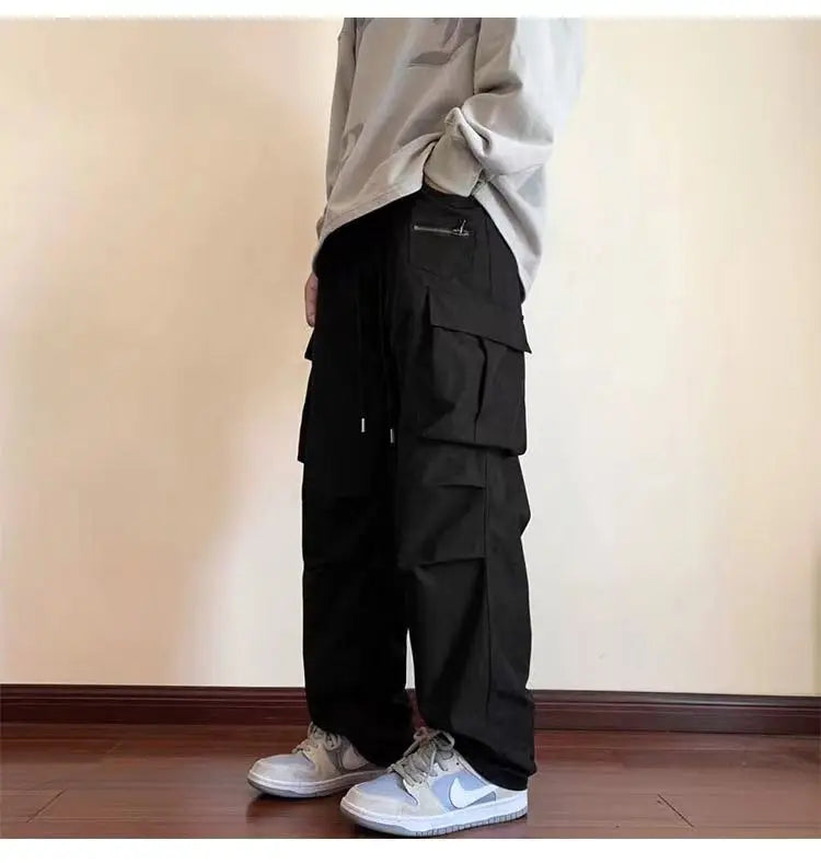 New Overalls Men's Spring Summer Retro High Street Casual pants Large Pocket Trousers Loose Straight Tube Draped Wide-leg Pants