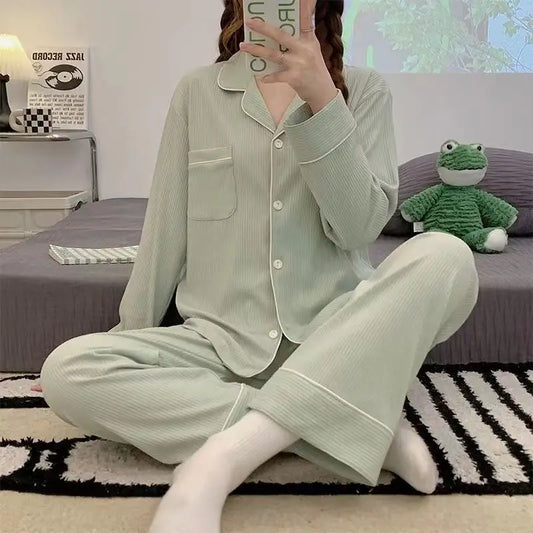 Pajamas for women in spring and autumn, solid color, minimalist style, long sleeved pants, home clothing set, can be worn externally