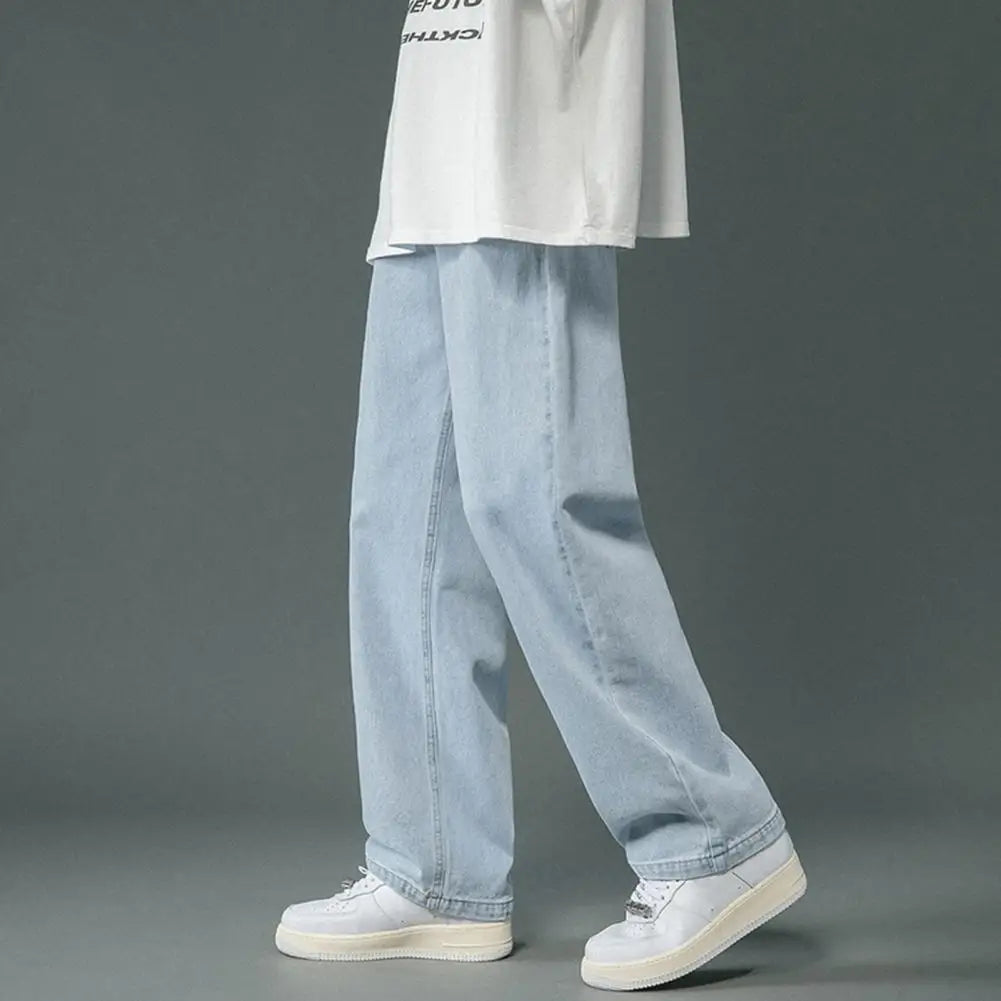 Straight-leg Men Jeans Men's Wide Leg Denim Pants Hip Hop Style Washed Jeans with Pockets Classic Straight Casual for Spring