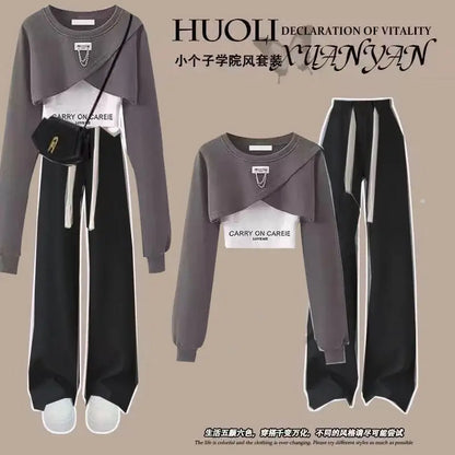 Spring and Autumn Set Women's 2026 Korean Loose Fashion Top Casual Work Pants Age Reducing Three Piece Set