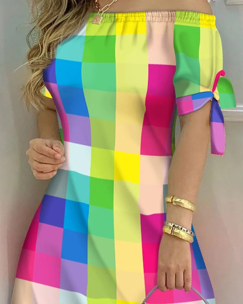 Fashionable Sexy Women's Print Dress Women's Word Shoulder Short -sleeved A -line Dress Ladies Off The Shoulder Mini Dresses