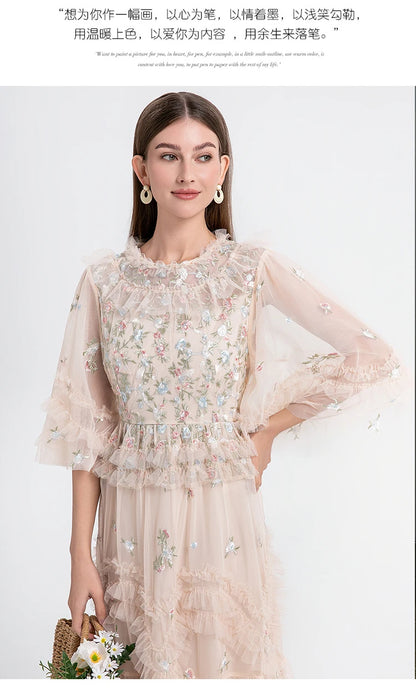 Runway Luxury Long Dresses Women 2025 Summer Holiday Embroidery Flower Ruffles Midi Party Evening Dress Lady Prom Vestidos