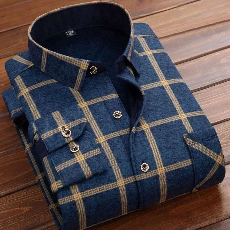 2025 Men's Autumn Winter Casual Fleece Plaid Shirt Fashion Soft Warm Turn Down Collar Long Sleeve Shirt Male High-Quality Tops