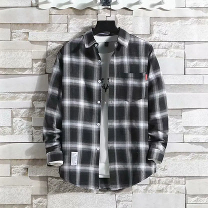 Spring New Korean Style Plaid Shirts Men's Handsome Long-sleeved Loose Casual All-matching Shirt Coats 2026 Trend Men's Clothing
