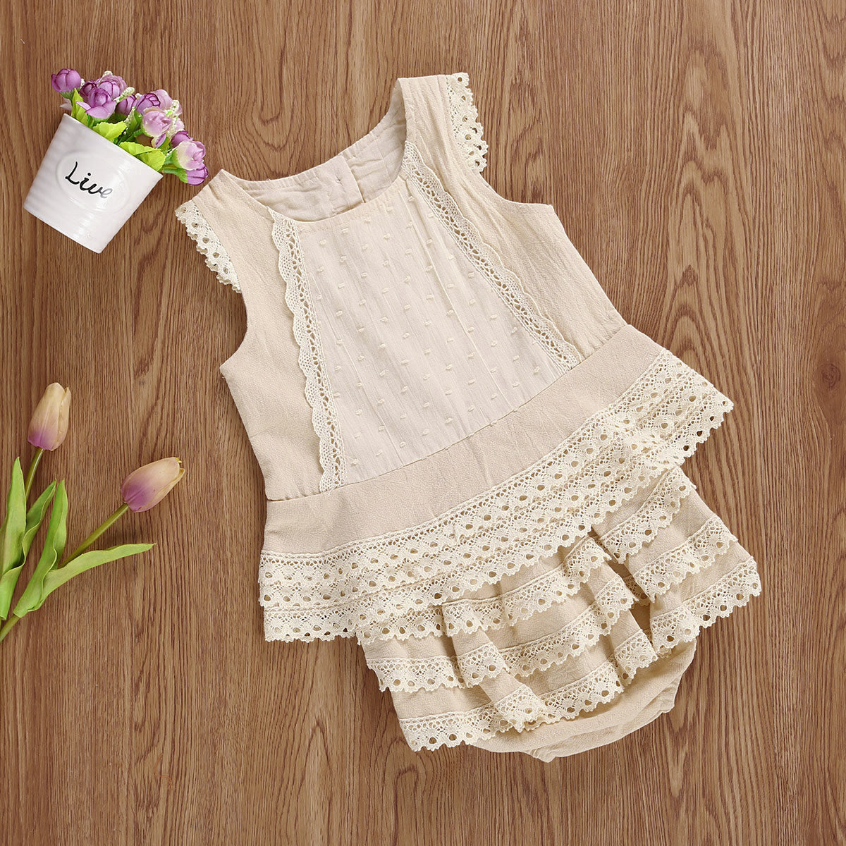 Baby Girls 2 Pieces Outfit Round Neck Sleeveless Lace Vest Tops Layered Hem Tiered Skirts Panty Sets