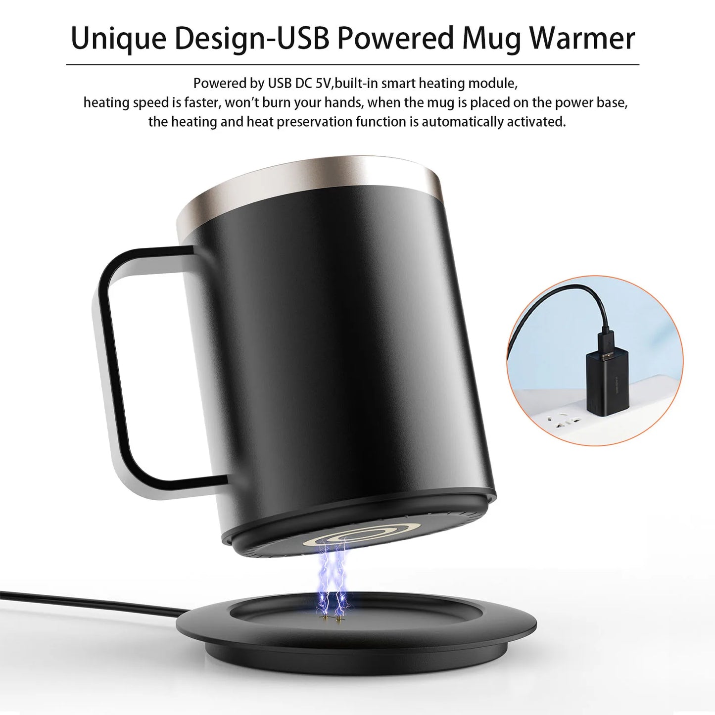 Self-Heating Coffee Mug - 12oz USB Electric Heated Mug Heat 131-149℉ Smart Warming Travel Mug Double Layer Food Grade Cup Warmer