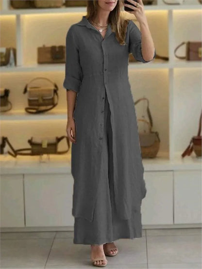 2025 New Product Women's Summer And Autumn Urban Elegant Cotton Hemp Slimming Waist Long Shirt Wide Leg Pants Two Piece Set