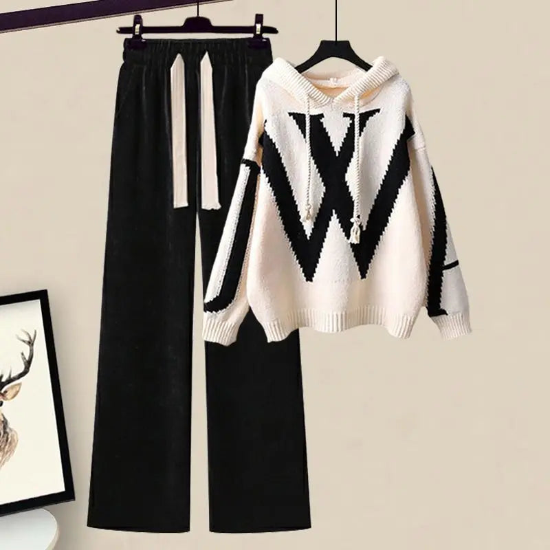 Autumn/Winter Women's Set 2026 New Korean Edition Casual Sweater Waist Cinching and Slimming Wide Leg Pants Two-piece Set