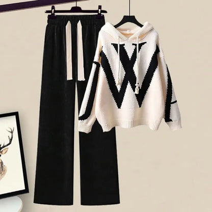 Autumn/Winter Women's Set 2026 New Korean Edition Casual Sweater Waist Cinching and Slimming Wide Leg Pants Two-piece Set