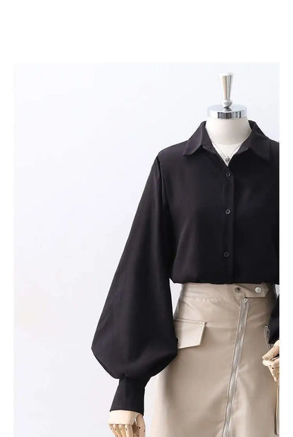Lantern Sleeves Vintage Shirts Women Elegant White Women's Blouse with Lush Sleeves 2026 Fashion Button Up Shirt Black dropship