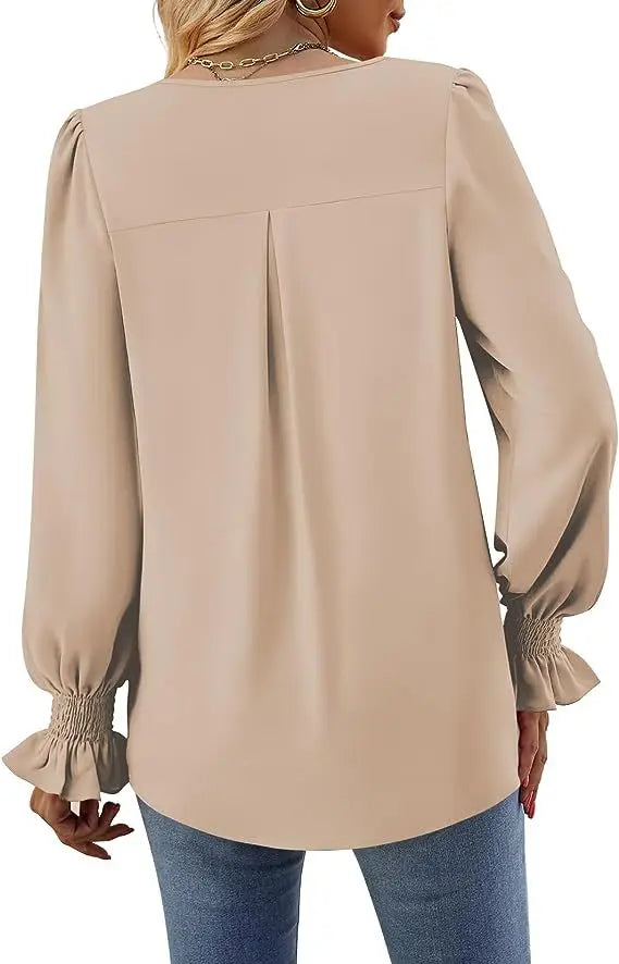 Women's New Solid Color Chiffon Shirt V-neck Pullover Flared Long Sleeved Top Shirt Office Lady Elegant Khaki Loose Blouse