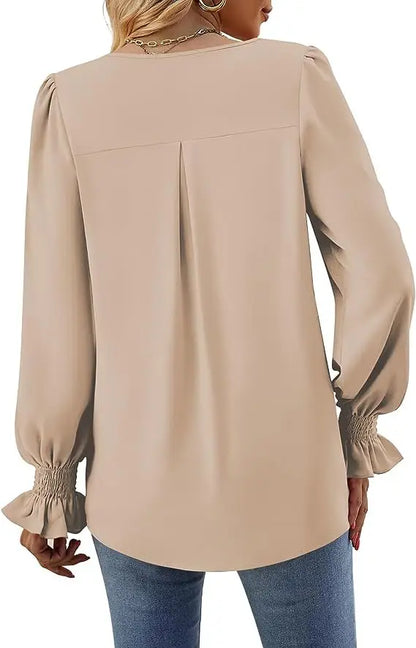 Women's New Solid Color Chiffon Shirt V-neck Pullover Flared Long Sleeved Top Shirt Office Lady Elegant Khaki Loose Blouse