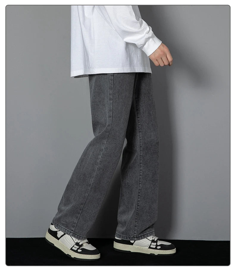 2026 New Korean Men's Casual Long Jeans Classic Man Straight Denim Wide-leg Pants Solid Color Light Blue Grey Black 3XL