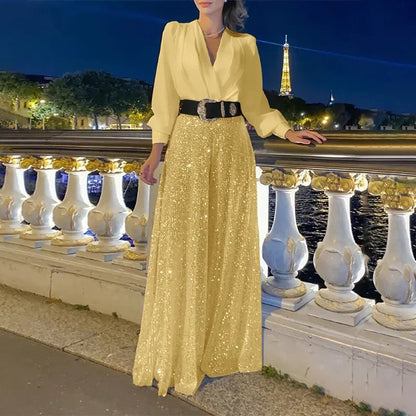 BWQ Splice Sequins Maxi Dresses For Women Fashion Folds Loose V Neck Elegant Dress Femme Party Evening Dresses Luxury 2026