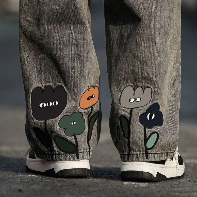 New Men's Y2K Flower Printed Baggy Jeans 2026 Streetwear American Casual Denim Wide-leg Pants Hombre Vintage Straight Trousers