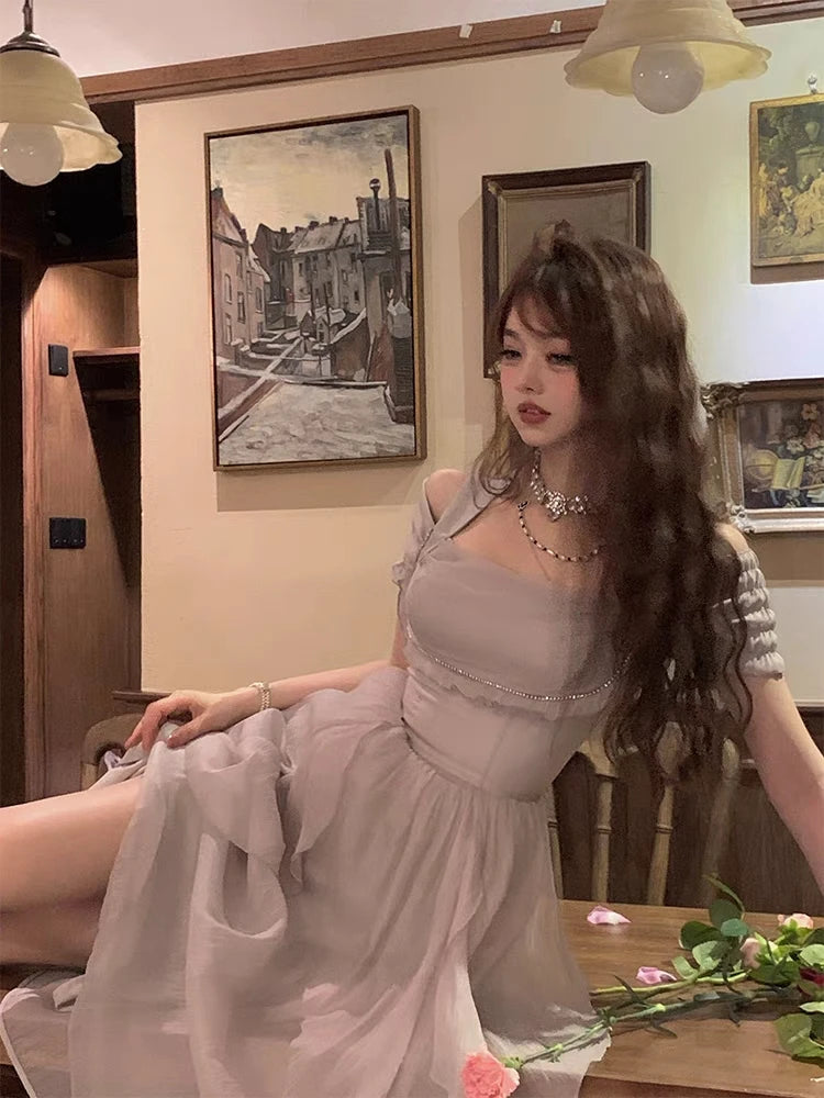 Korean Casual Midi Dress for Women 2026 New Summer Fashion Elegant Off The Shoulder Folds Ruffle Female Clothes Birthday Dress