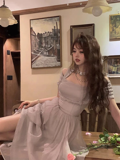 Korean Casual Midi Dress for Women 2026 New Summer Fashion Elegant Off The Shoulder Folds Ruffle Female Clothes Birthday Dress