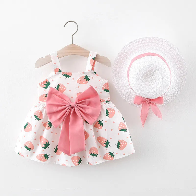 2Piece Sets Summer Toddler Girl Clothes Korean Fashion Flowers Cute Bow Sleeveless Princess Baby Dresses+ Sunhat Kids Dress BC136